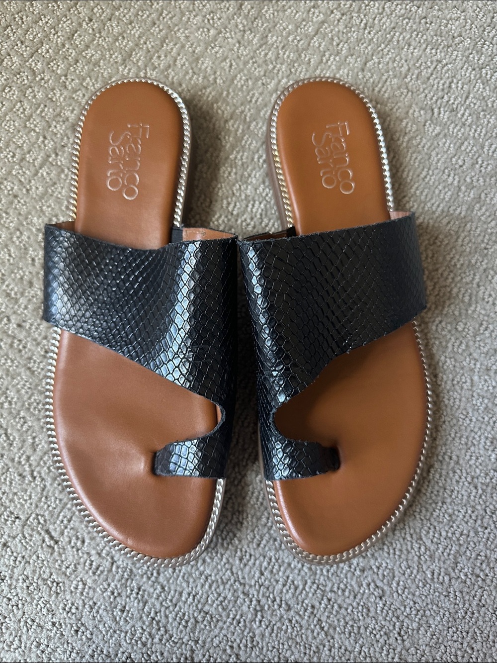 Franco Sarto Black Snake-Print Leather Slide Sandals